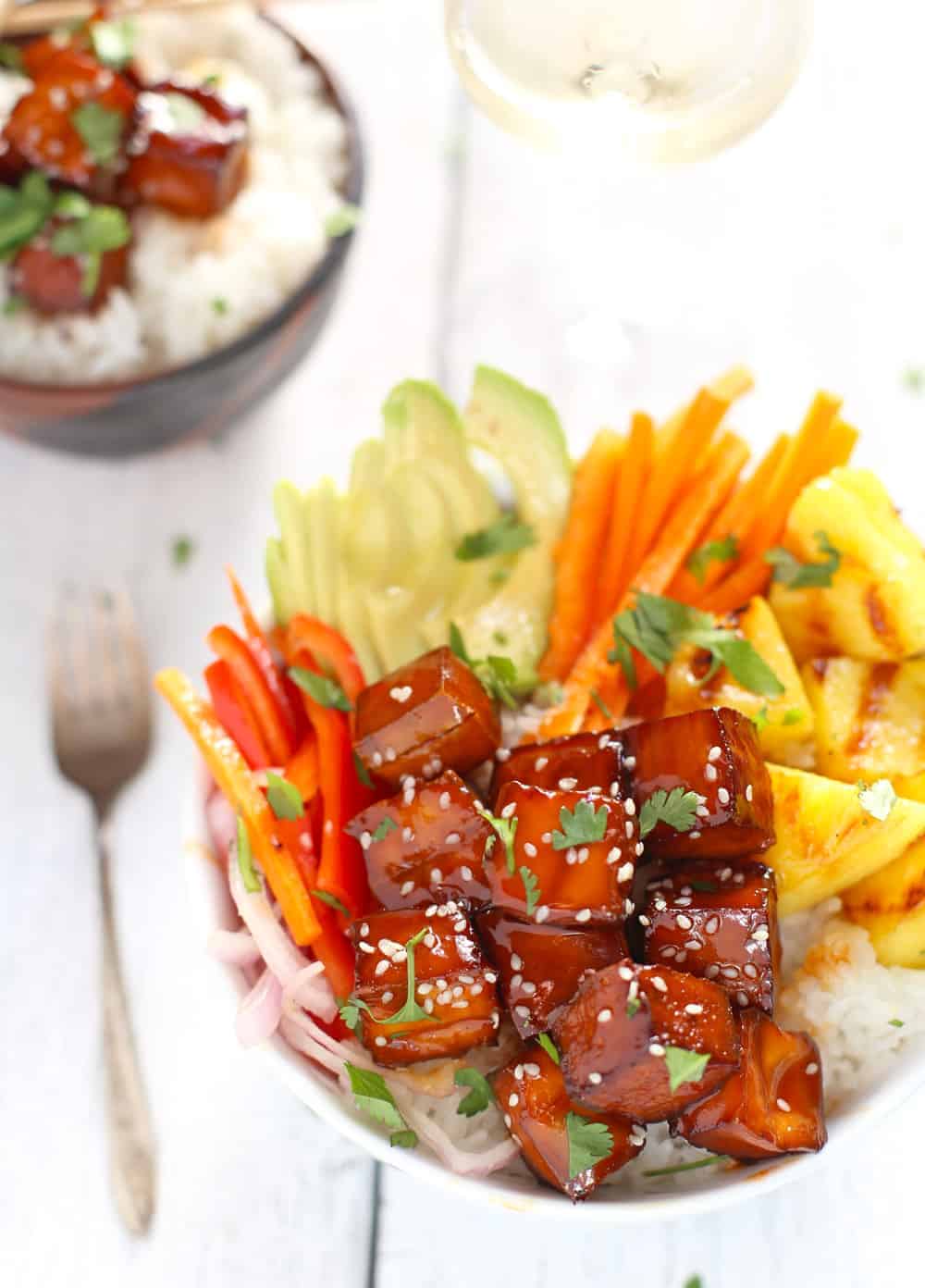 smoked bbq tofu bowls with coconut rice, grilled pineapple and veggies 