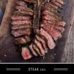 Pinterest pin showing a reverse seared t-bone steak.