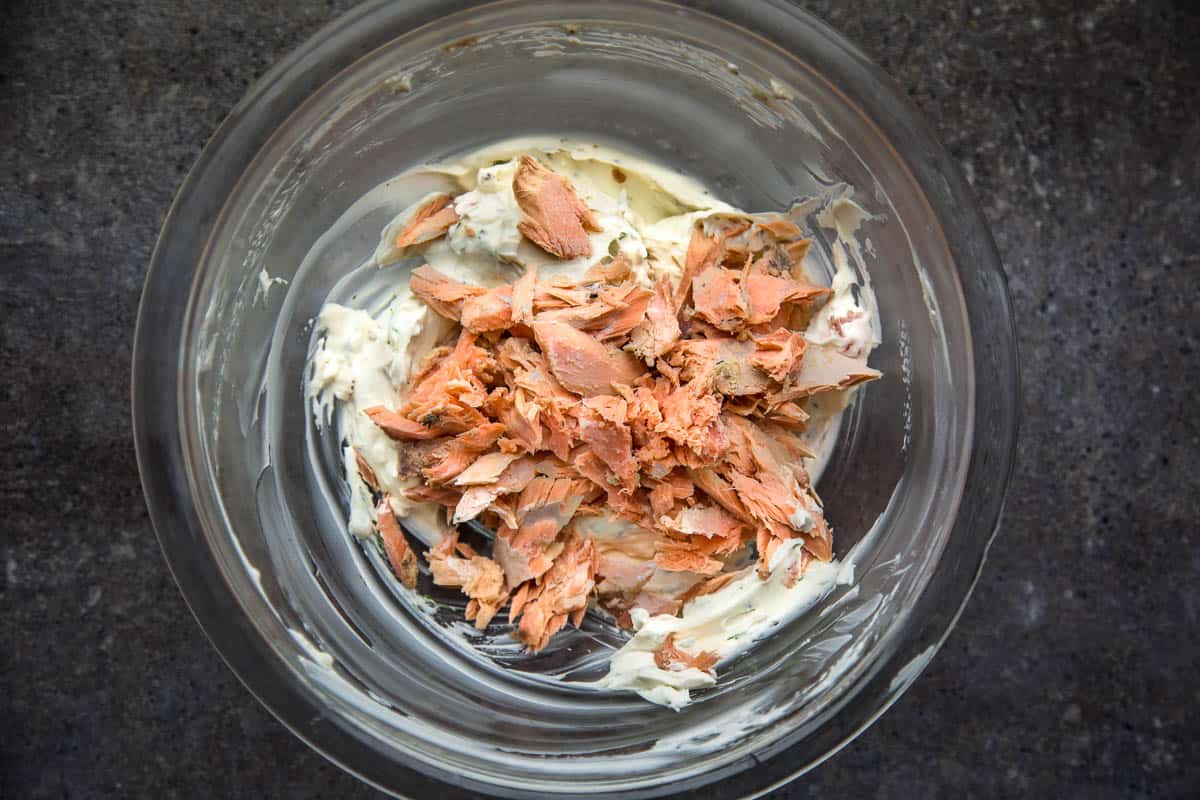 Ingredients for smoked salmon dip in a bowl