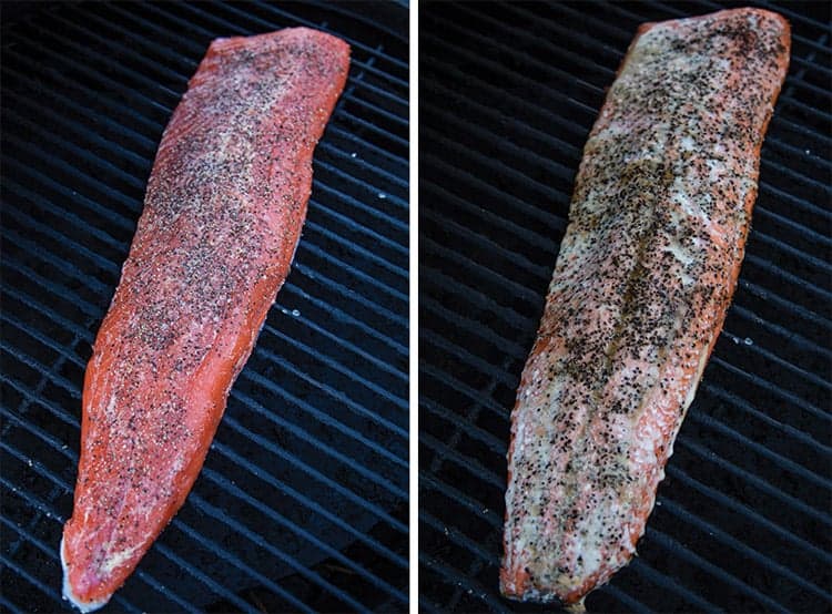 two pieces of salmon side by side on a grill (one uncooked, the other cooked)