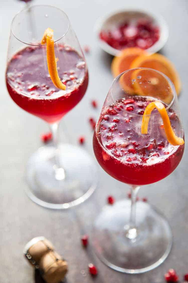 Pomegranate Mimosas ready for a holiday party