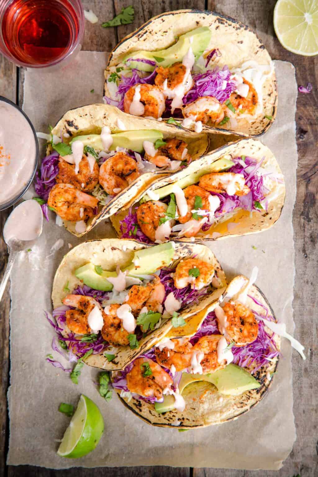 Grilled Shrimp Tacos with Lime Crema - Vindulge