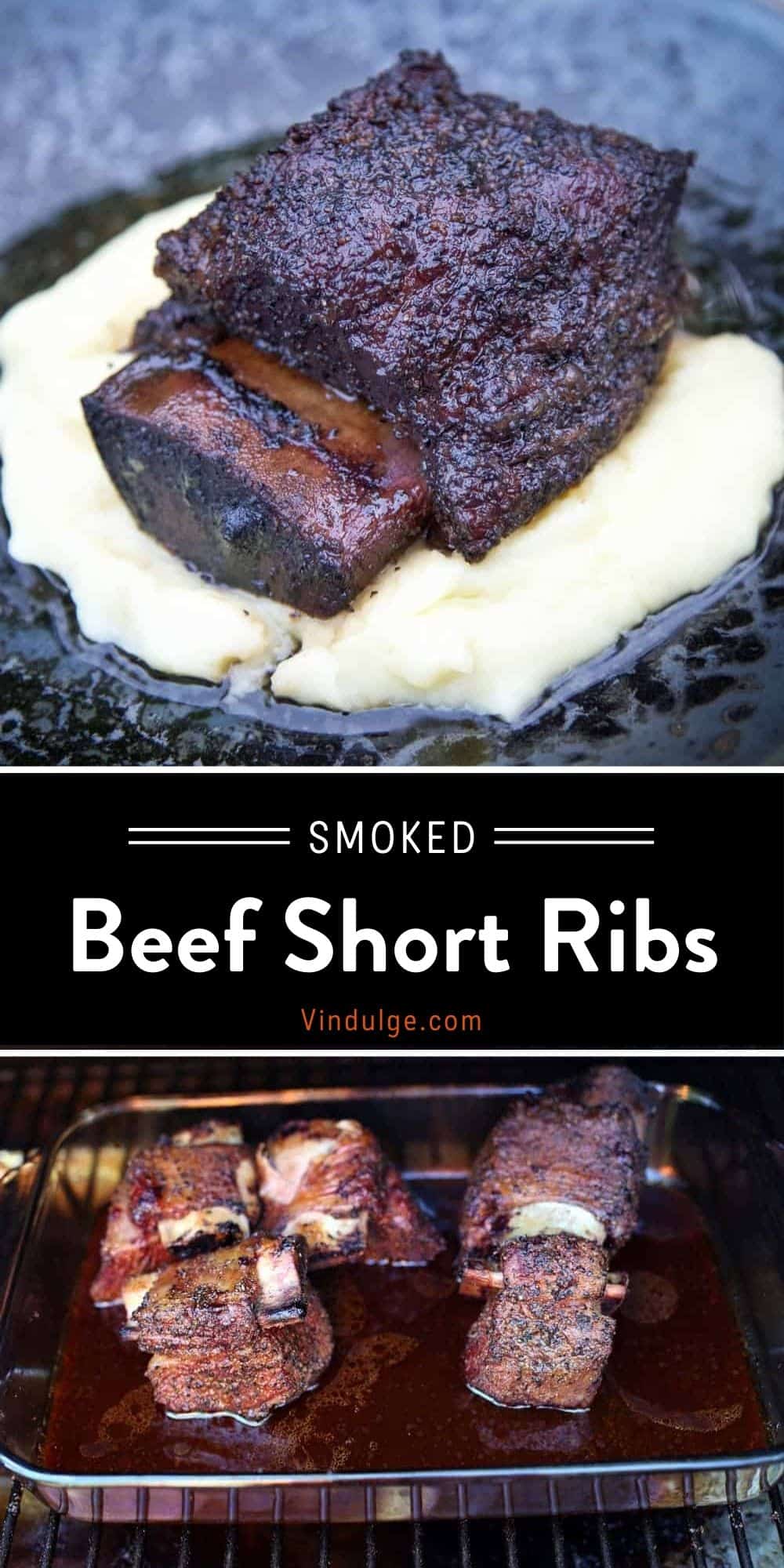 Smoked Beef Short Ribs Pinterest Pin with Text on dark background