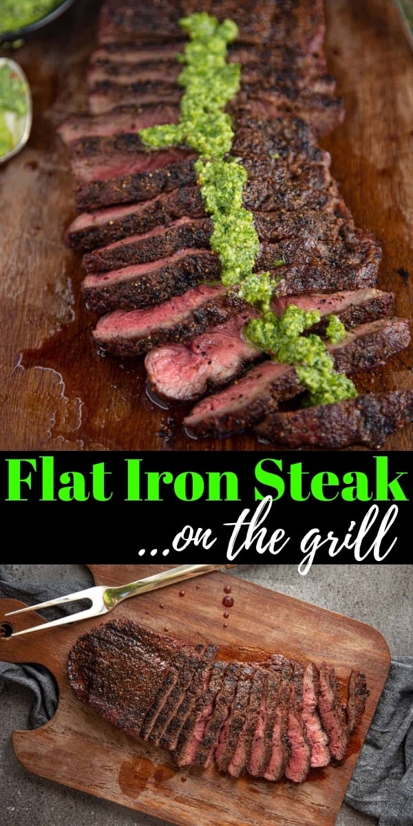 grilled flat iron steak with text for pinterest