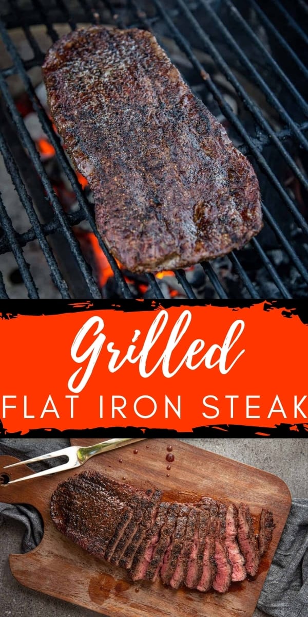 Flat Iron Steak on the grill with text overlay for pinterest