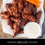 Grilled Chicken Wings Pinterest Pin with text on Dark background