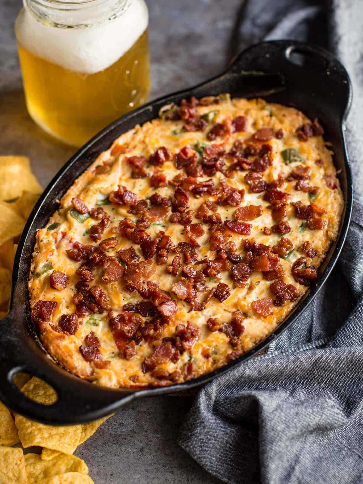 Grilled Jalapeño Popper Dip in a cast iron pan