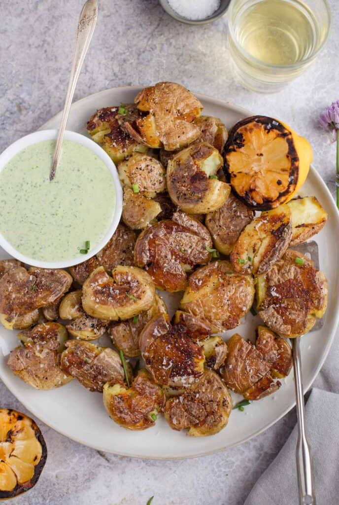 Crispy Smashed Potatoes with Tarragon Cream Sauce - Vindulge