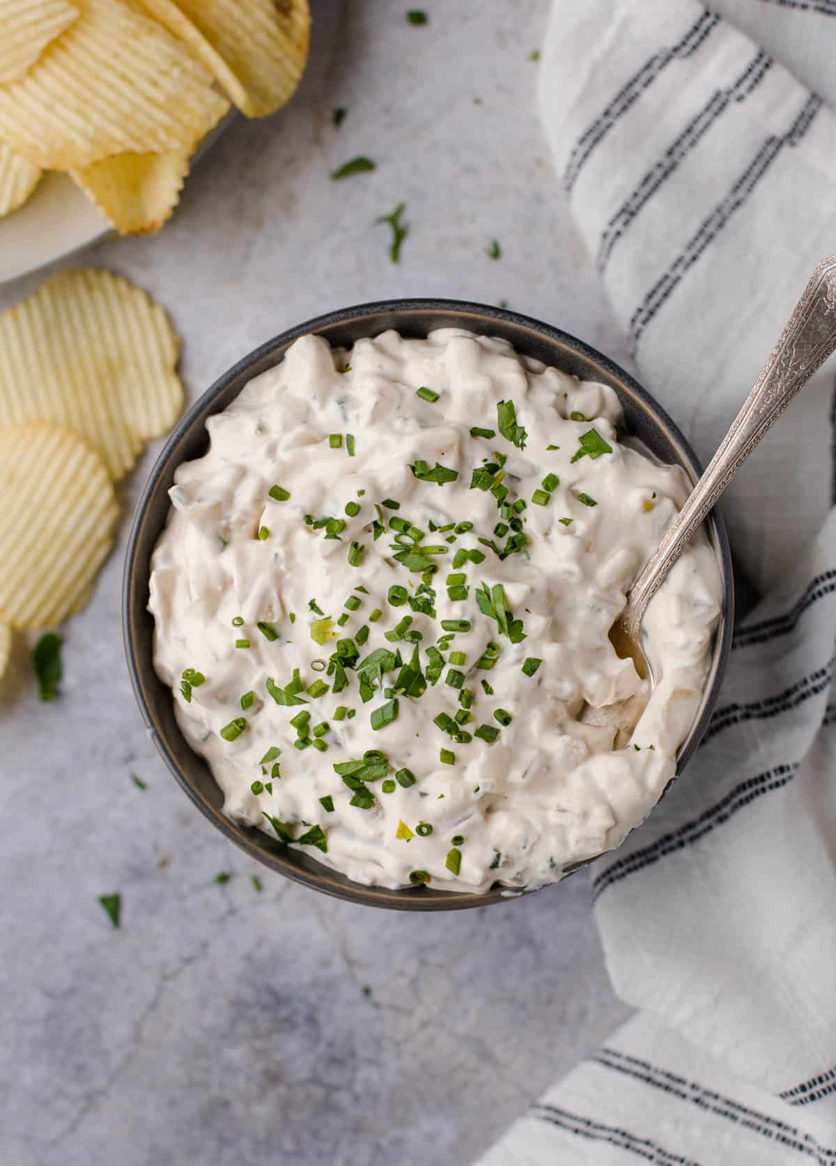 Smoked onion dip with sour cream and chives.