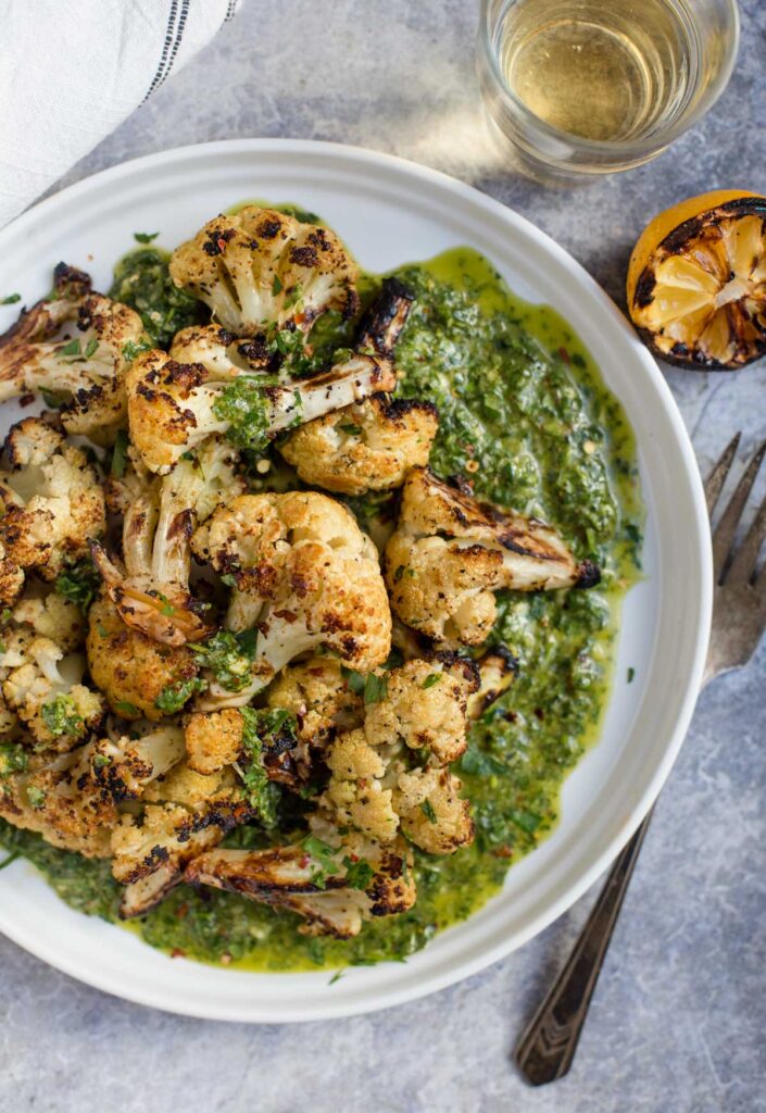 Grilled Cauliflower Florets with Cilantro Pistou (French Pesto) - Vindulge