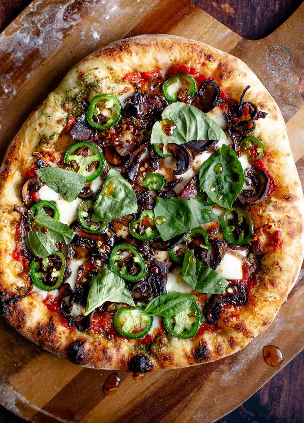 Veggie pizza with mushrooms  and caramelized onions.