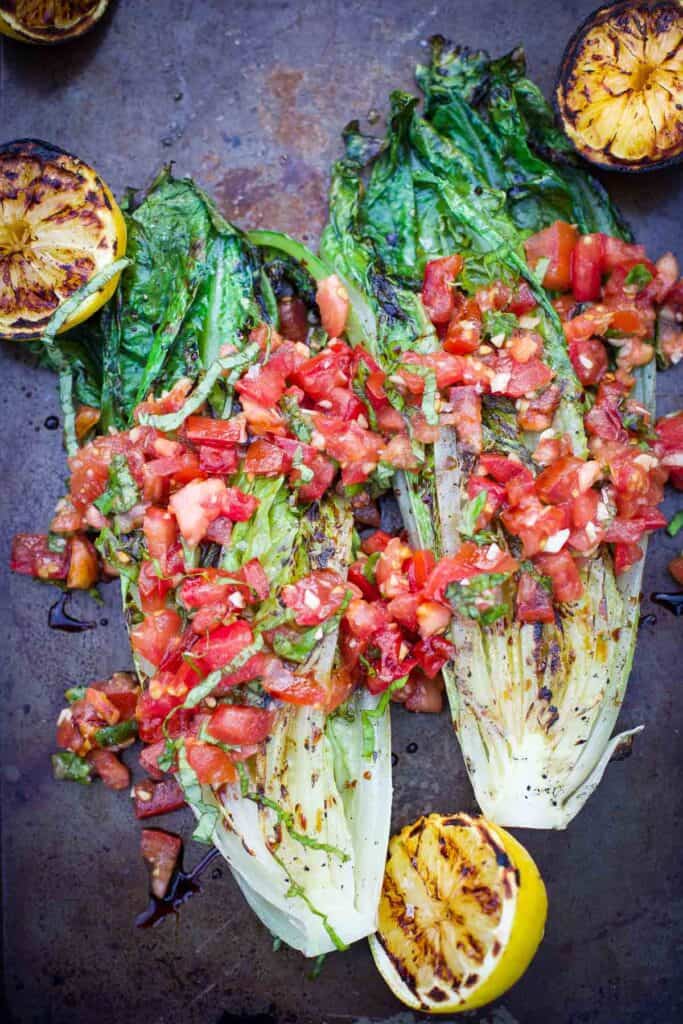 Grilled Romaine Lettuce with Tomatoes and Basil - Vindulge