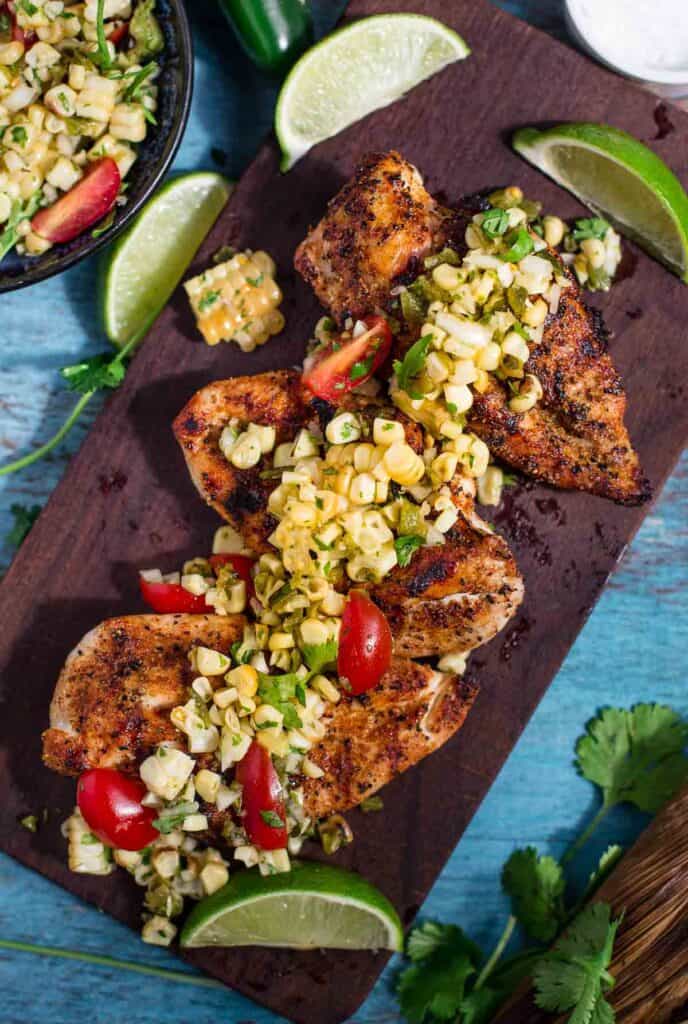 Grilled Chicken Breast with Grilled Corn and Poblano Salsa - Vindulge