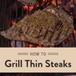 A series of photos showing raw and grilled thin steaks on a Big Green Egg.