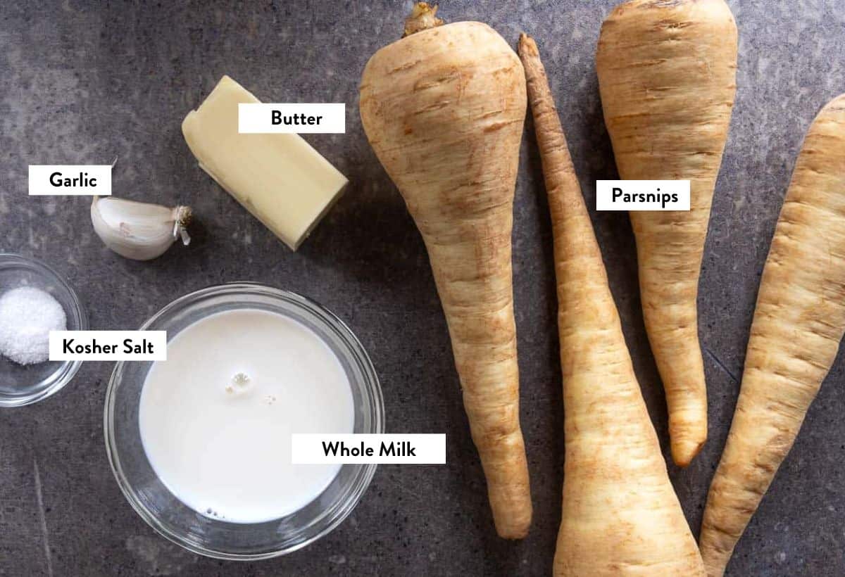 Ingredient photo for parsnip puree with five key ingredients.