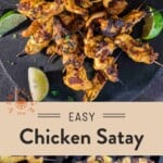 Pinterest Pin with Grilled chicken satay skewers and cooking on the grill.