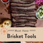 Pinterest pin showing smoked brisket for an article on best brisket tools.