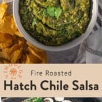 A Pinterest Pin of green chile salsa in a bowl and green chile being grilled on a Big Green Egg.