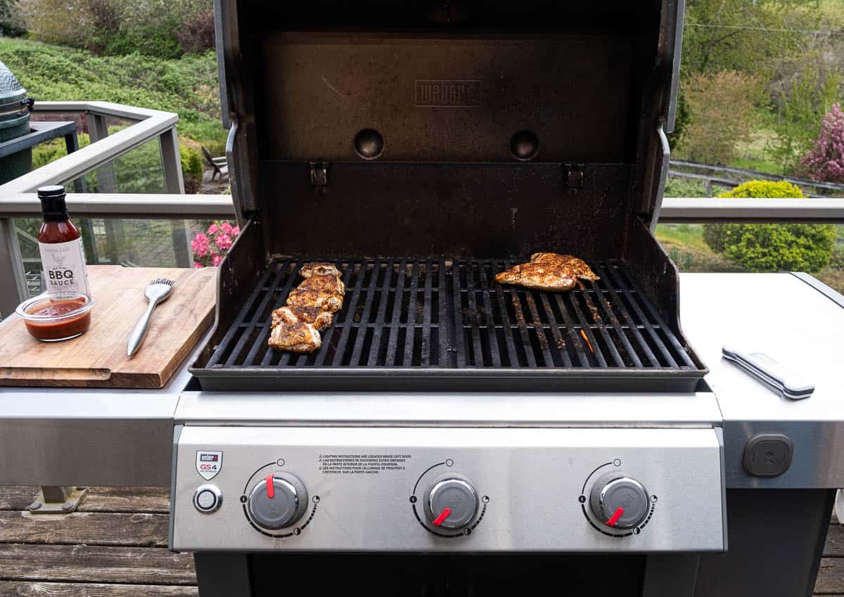 Grilled chicken over direct and indirect heat on a gas grill