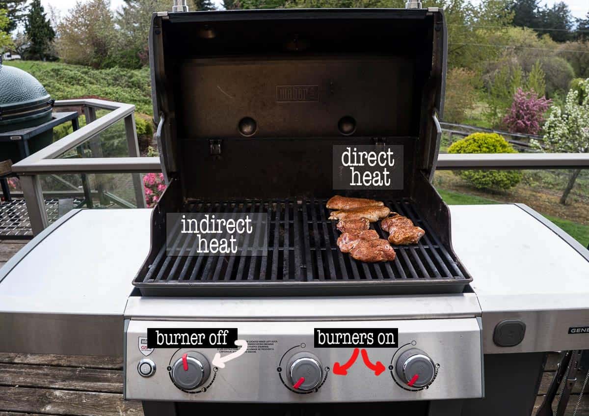 A gas grill set for indirect cooking (2 zone cooking) with a text overlay on it