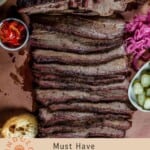 Pinterest Pin showing brisket for a best tools post.