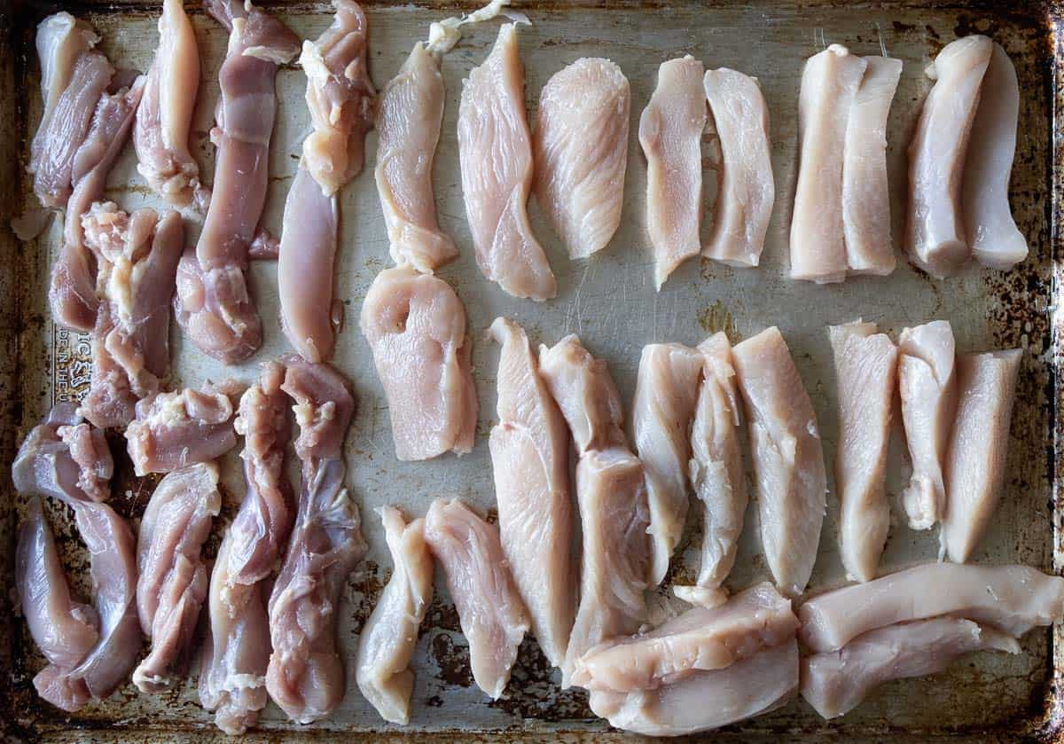 Chicken breast and thighs cut into thin strips for chicken skewers.