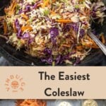 Coleslaw pinterest pin showing the coleslaw in a bowl with a spoon and the ingredient photo below.