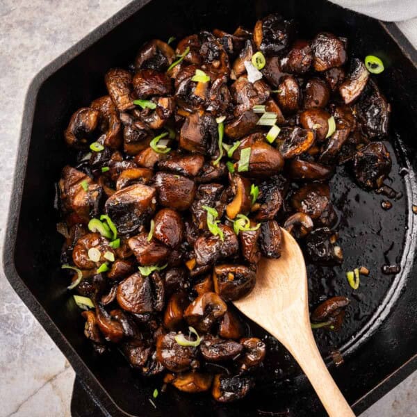 Steakhouse balsamic mushrooms in a cast iron pan