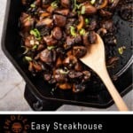 Pinterest pin showing a cast iron pan of steakhouse balsamic glazed mushrooms.