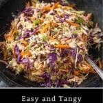 An easy coleslaw Pin for pinterest showing a simple coleslaw in a dark bowl.