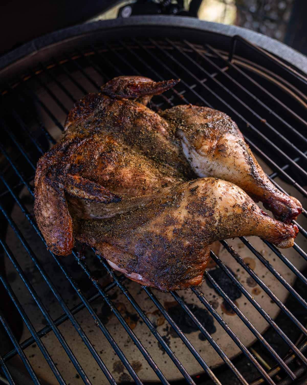 Dry brined spatchcocked chicken on a Big Green Egg.