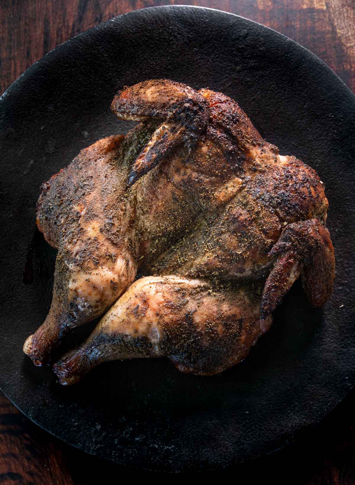 Dry brined spatchcocked chicken on a Big Green Egg.