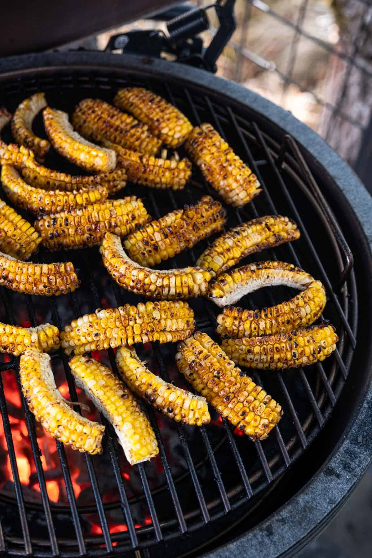 Grilled corn riblets flipped and finishing on a Big Green Egg.