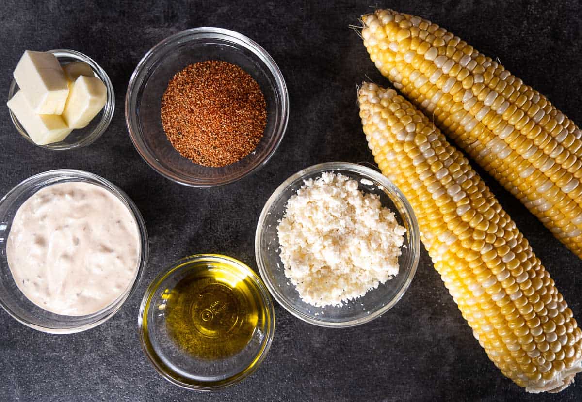 Ingredients for Corn Ribs and corn rib dipping sauce on a tray