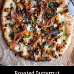 Pinterest pin showing a butternut squash pizza with caramelized onions.