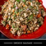 Pinterest pin of cold lentil salad in a red bowl with sausage.