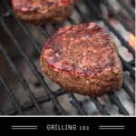 Pinterest pin showing two filet mignons over direct charcoal heat on the grill.