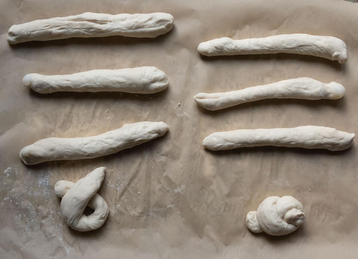 long strings of pizza dough to make garlic knots