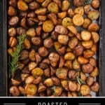 Pinterest pin of breakfast potatoes in a sheet tray with the words roasted breakfast potatoes.