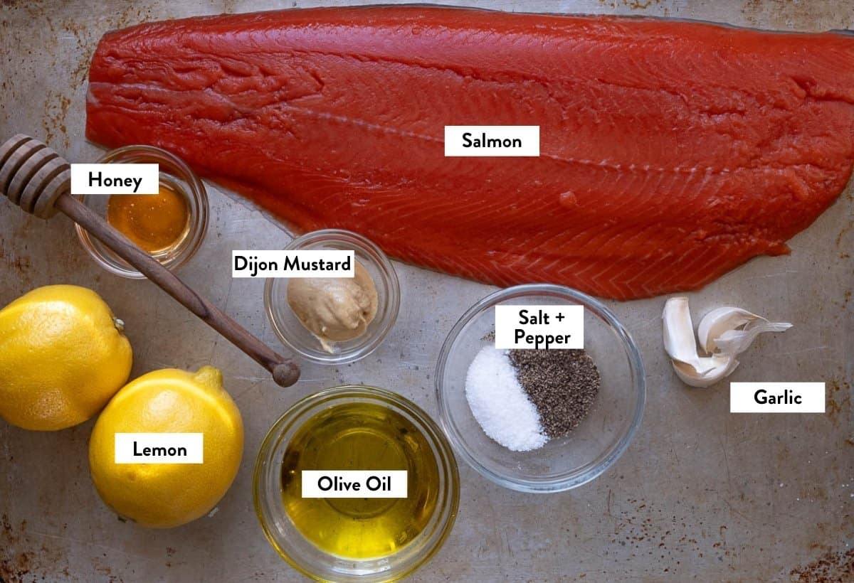 Ingredients for Grilled Lemon Garlic Salmon on a baking sheet labeled with text indicating their ingredients.