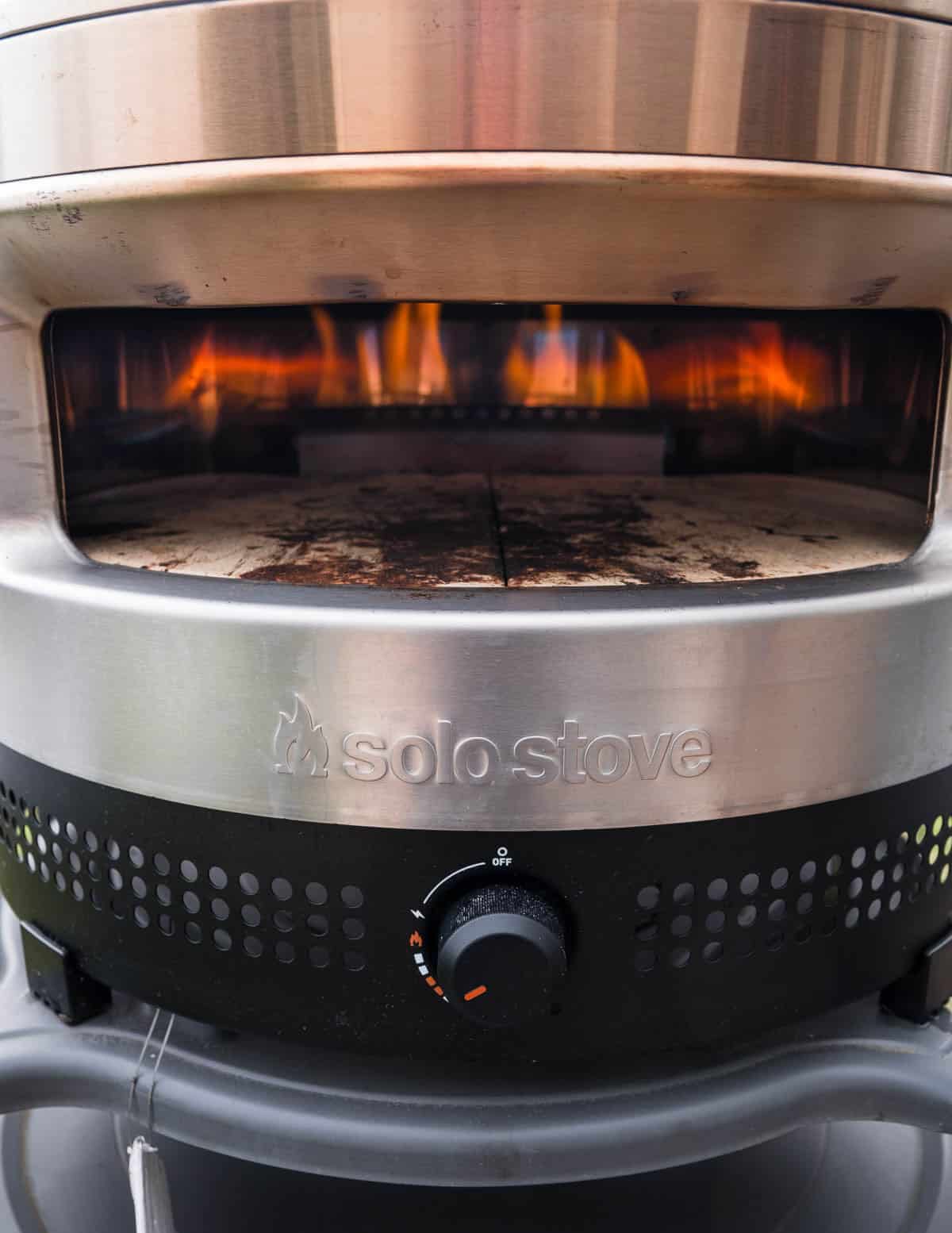 An image showing the flame running on high in a Solo Pi Prime pizza oven.